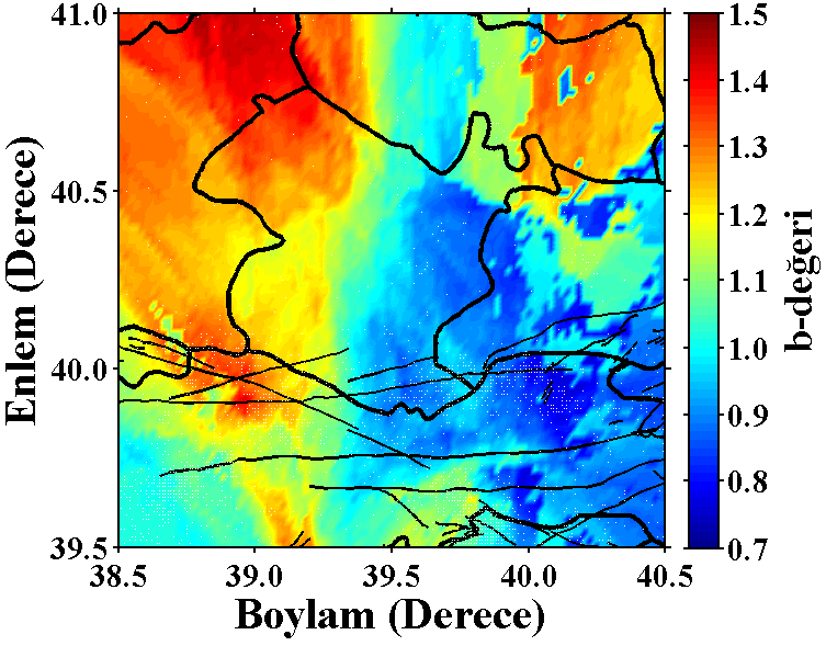 Şekil 8. Gümüşhane ve civarı için sismotektonik b-değerinin bölgesel değişim haritası.