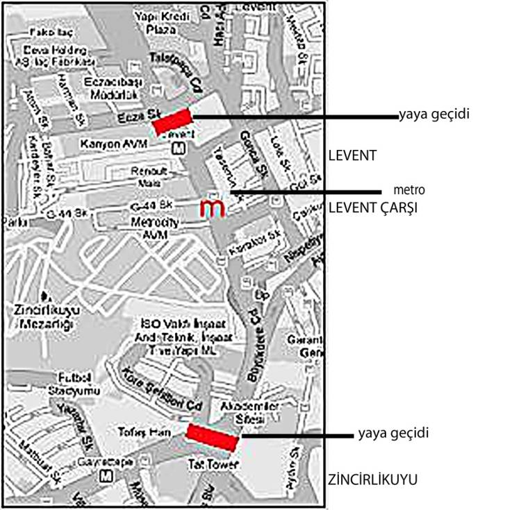 Şekil 4.13: Büyükdere Caddesi yaya geçişi Büyükdere Caddesi Levent ve çevresi için çok önemli bir akstır. Önemi, 2 köprü arasındaki bağlantı yollarına kolayca erişilebiliğinden gelir.
