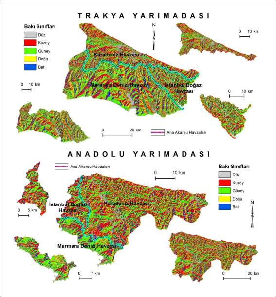 Şekil 9. İnceleme alanının bakı haritası Bu bakımdan değerlendirildiğinde inceleme alanında genel olarak Anadolu Yarımadası 670.31 km² oranla kuzeye, Trakya Yarımadası da 1194.