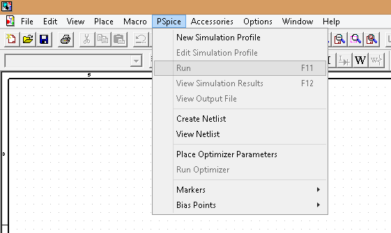 D. PSPICE Benzetimi PSPICE benzetimini çalıştırmak için menü çubuğundan PSpice sekmesi seçilerek Run butonu tıklanır.