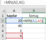 bulmak için MİN()  Minimum