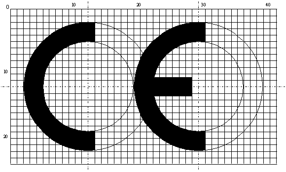 CE uygunluk işaretlemesi aşağıdaki biçimde "CE" harflerinden oluşur: CE uygunluk işareti büyültülür veya küçültülür ise, yukarıdaki çizim içinde gösterilen oranlar değişmemelidir.