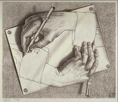 114 2- Çizen Eller Gravürü: 1948 Oto referans Paradoksu nun resmi:ünlü ressam Maurits Cornelis Escher tarafından çizilen çizen eller resmi,