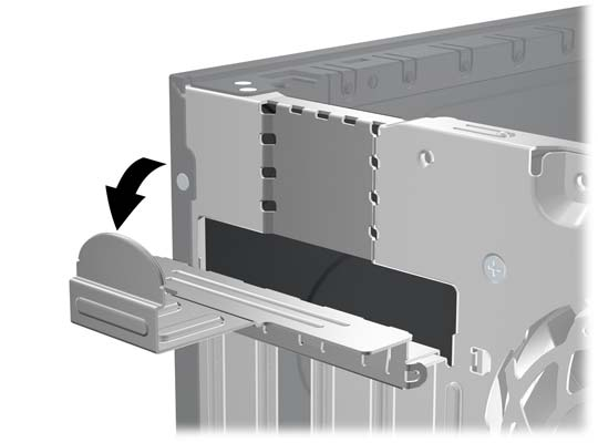 7. PCI yuva kapaklarını tutan yuva kapağı tutma mandalını, üzerindeki yeşil tırnağı kaldırıp mandalı açık konumuna döndürerek açın.