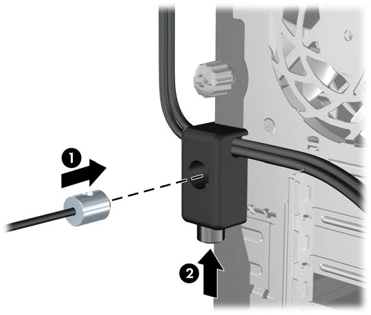 4. Güvenlik kablosunun fişli ucunu kilide sokun (1) ve kilidi kapatmak için düğmeye bastırın (2). Kilidi açmak için verilen anahtarı kullanın.