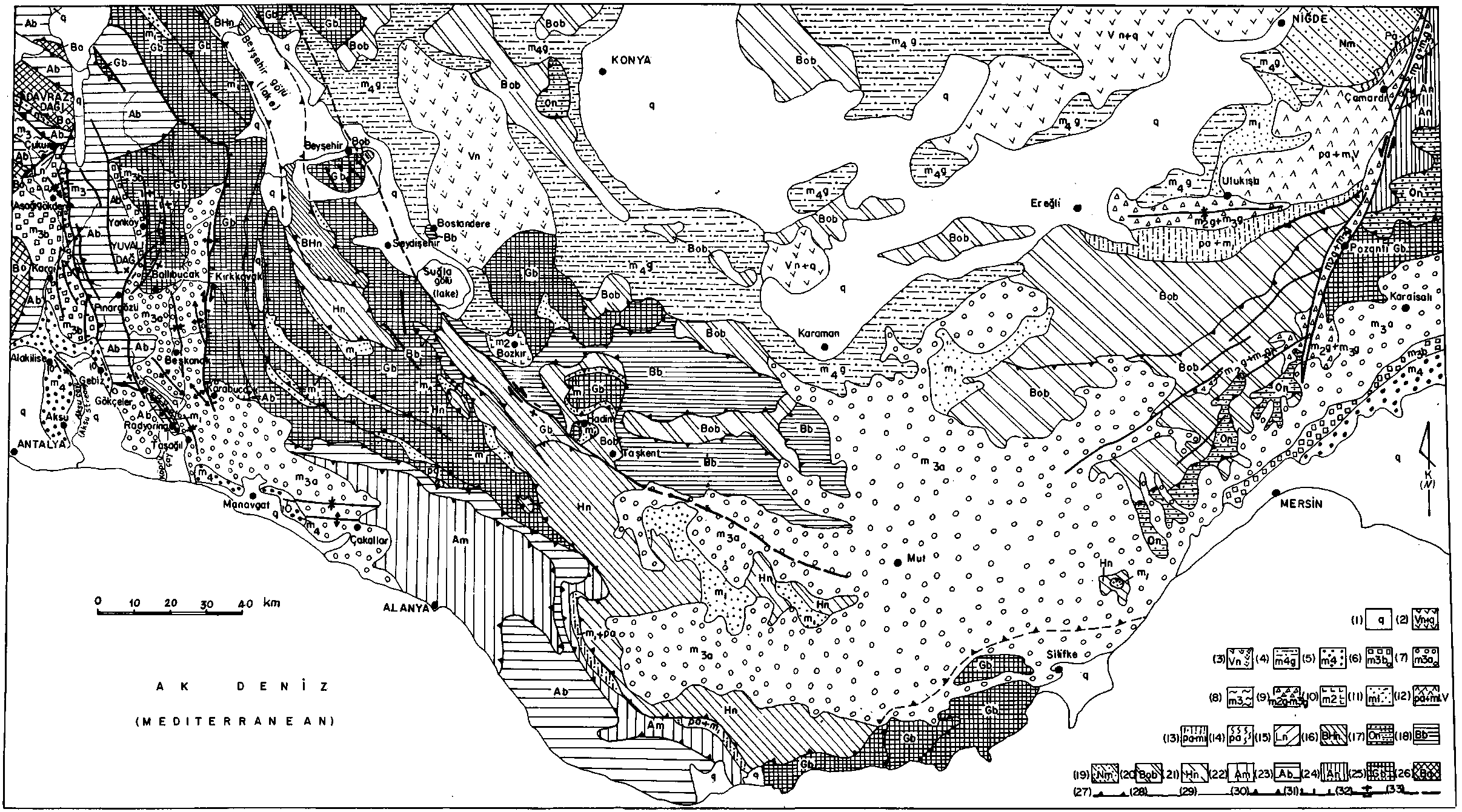 k.l- Orta Toroslar'ın jeolojisi, l- Kuvaterner çökelleri; 2 Neojen-Kuvaterner volkanitleri; 3- Neojen volkanitleri; 4- Karasal Pliyosen çökelleri; 5 Denizel Pliyosen çökelleri; 6- Tortoniyen