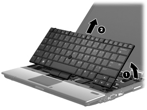 13. Klavyenin üst kenarını dikkatlice kaldırın (1) ve klavyeyi yukarı çekin (2).