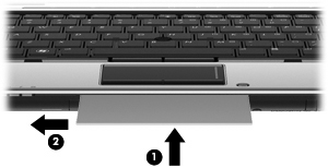 3. Kartviziti bilgisayarın ön tarafındaki kartvizit yuvasına yerleştirin (1) ve sola kaydırarak (2) web kamerasının altında ortalayın.