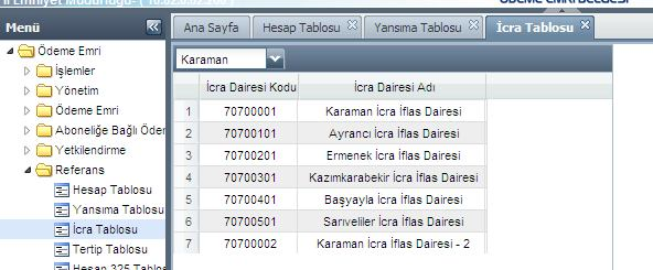 İl seçimi yapıldıktan sonra ekranda tanımlı icra daireleri gösterilmektedir. D.