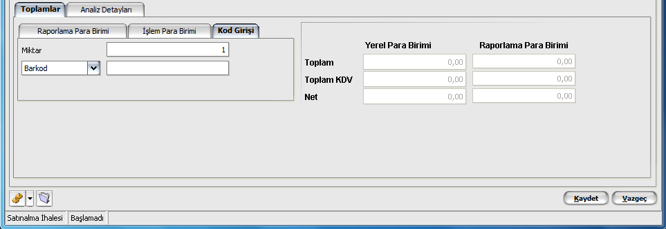 Toplamlar İhale fiş toplamının raporlama para birimi üzerinden tutar ve kur bilgileri Toplamlar bölümden kaydedilir.