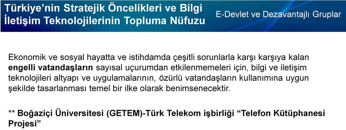Boğaziçi Üniversitesi (GETEM)-Türk Telekom işbirliği Telefon Kütüphanesi Projesi : 2006 yılından itibaren internette sesli kütüphane hizmeti sunan Boğaziçi Üniversitesi Görme Engelliler Teknoloji ve