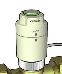 MI005A0007 656 serisi termoelektrik aktüatör, manuel açma için bir kontrol butonu, vana açılma/kapanma göstergesi ve elektrik beslemesi tekrar sağlandığında manuel konumdan otomatik çalışmaya geri