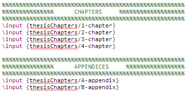 Şekil 2.3 main.tex içine bölüm ve eklerin eklenmesi Şekil-2.3 de görüldüğü gibi, eklenmek istenilen bölümler veya ekler input komutu ile main.tex içerisine eklenmektedir.