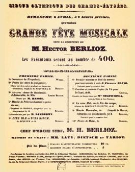 klasik batı müziği 6 Nisan 1845 tarihinde Cirque Olympique te verilen Berlioz konserinin afişi.