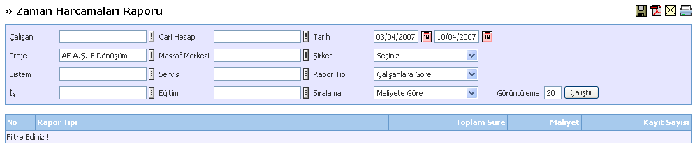 İkonuna tıkladığınızda karşınıza proje malzeme ve ihtiyaç raporu gelecektir.