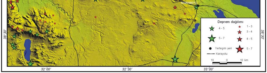 İnceleme alanı ve yakın çevresindeki depremlerin dağılımları (Kırmızı yıldızlara ait veriler Deprem Araştırma Dairesi nin kataloglarından, yeşil yıldızlara ait