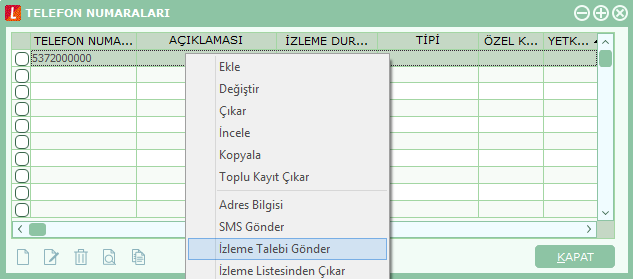 Telefon numaraları listesi F9/sağ fare menüsü seçeneklerini kullanarak ilgili satış elemanının anlık adres bilgisi