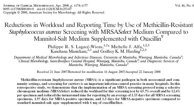 MRSASelect, Mannitol tuz (4 mg/l oksasilin) e göre: örnek başına iş yükünü % 12.