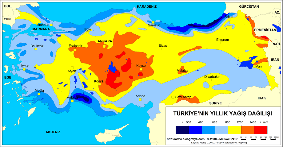 Türkiye de fazla yağış alan yerler (1000 mm den fazla); 1) Doğu Karadeniz Bölümü 2) Batı Karadeniz Bölümü