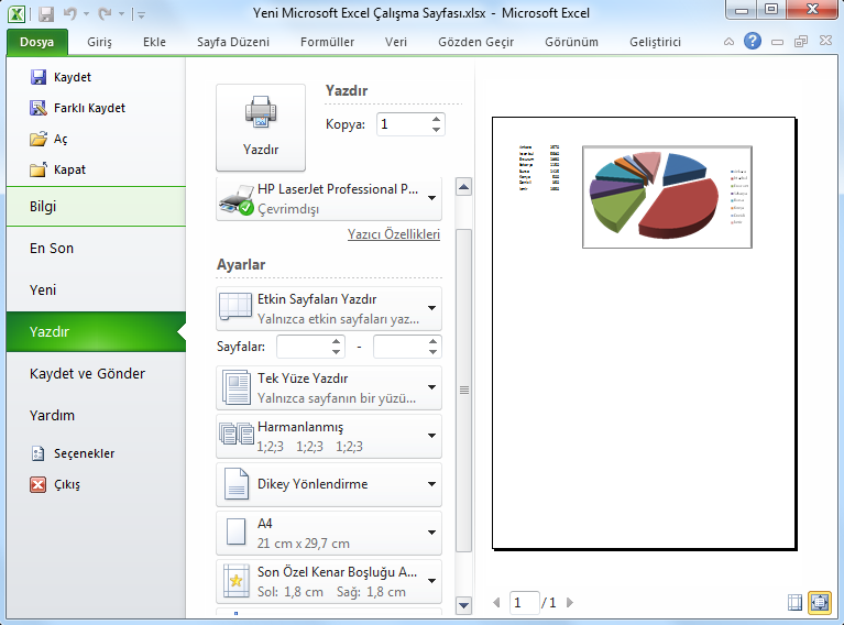 Yazdırma Ayarları Office paketindeki diğer programlarda olduğu gibi Excel de de bir dosyayı yazdırmak ve önizleme ile görüntülemek için Microsoft Office Backstage görünümünde yer alan Yazdır sekmesi