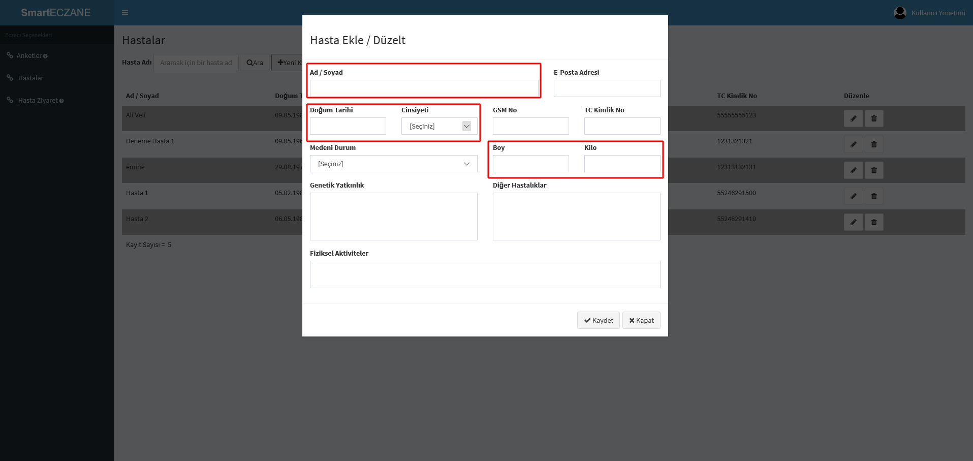 Hasta Bilgi Girişlerindeki İşlem Adımları ve Kurallar.