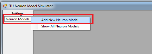 Yeni Sinir Hücresi Modeli Ekleme Şekil 27 : Yeni Sinir Hücresi Ekleme Menüsü Yeni bir sinir hücresi modeli eklemek için menü ekranından Neuron Models -> Add New Neuron Model seçilir.