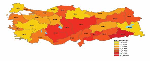 2.9.1.12 Temel Gereksinim Harcamalarının, Toplam Harcamaya Oranı 2010 yılı için temel gereksinim harcamalarının, toplam harcamaya olan oranı %71,7-72,6 arasında değişen bölge sayısı 6 dır.