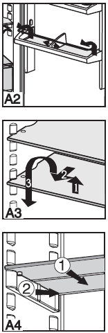 Donanım Raflar, şek. A3, saklanacak malzemelerin yüksekliğine uygun ayarlanabilir. Bunun için rafı önden kaldırın, yarısına kadar çıkartın ve aşağıya (veya yukarıya) kaldırın.