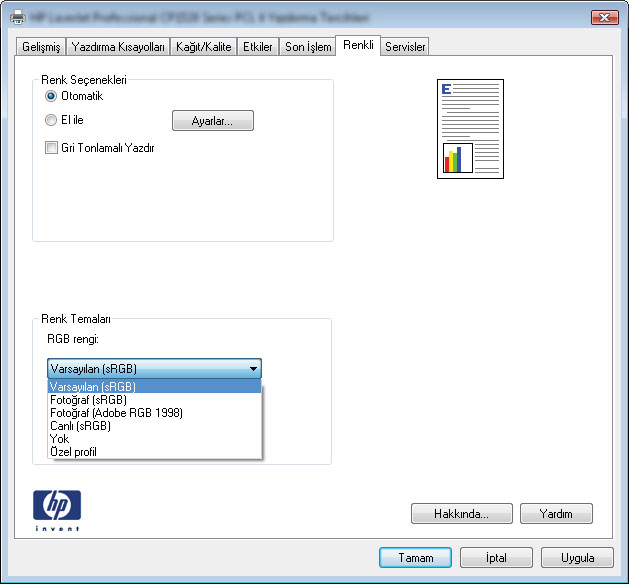 Renk ayarlama Yazıcı sürücüsündeki Renk sekmesinde bulunan ayarları değiştirerek rengi yönetin. Baskı işinin renk temasını değiştirme 1. Yazılım programının Dosya menüsünde Yazdır'ı tıklatın. 2.