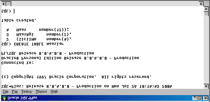 Bu ekranda SQL> yazısının hemen yanına komutlar yazılır. Şekil 6.3.5. SQL Plus 8.0 Komut Yazılmış Ekran Bir komut yazılırken birden fazla satıra komutun istenilen bir yerinden bölünerek yazılabilir.