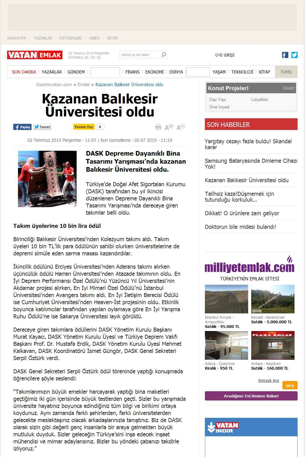 Portal Adres KAZANAN BALIKESIR ÜNIVERSITESI OLDU : www.gazetevatan.