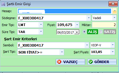 Daha önce şartlı emir tipi olarak bilinen SAR emri ise dönüşüyor ve 3 seçenek olarak emir tipleri içine yerleşiyor STP : Piyasa tipi şartlı emir (Stop emri) STPLMT : Limit tipi şartlı emir (Stop