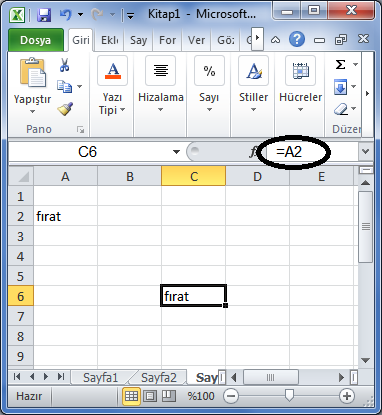 Örneğin C6 hücresini A2 ye eşitlemek için C6 hücresinin içine =A2 yazıldığında A2 hücresine eşitlenmiş olur. 1.7.