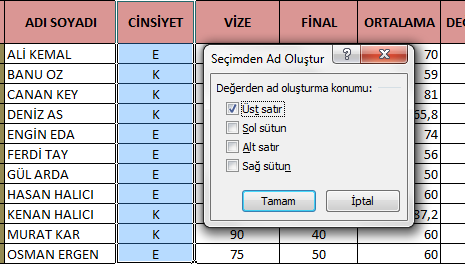 Eğer ad tanımlaması yapılırken oluşturulan bir tablonun seçilen aralığının adına üst satırın, sol sütunun, alt satırın veya sağ satırın adını alması isteniyorsa