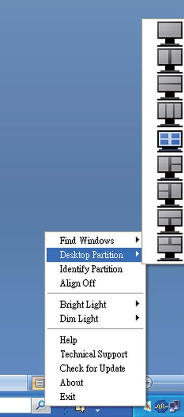 Sol Tıklama Menüsü Desktop Partition (Masaüstü Bölümü) simgesi, sürükleyip bırakmayı gerektirmeden etkin pencereyi çabucak herhangi bir bölüme göndermenizi sağlar.