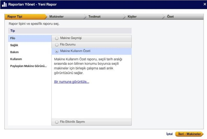 3. Yeni Rapor giriş yaptıktan sonra karşınıza çok çeşitli rapor tipleri gelecektir. Buradan Kullanım kısmını seçerek Makine Kullanım Özetini seçebilirsiniz.
