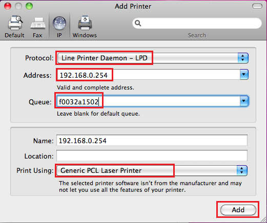 "Protocol"de "Line Printer Daemon-LPD" seçeneğini seçin