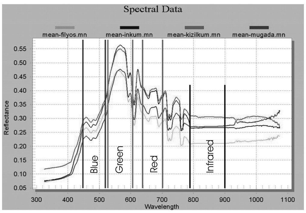 Şekil 1.7: Kumlara ait spektroradyometre ölçmelerinin, IKONOS uydu verisi bantlarının spektral aralıklarında gösterimi (Kaya ve diğerleri, 2007).