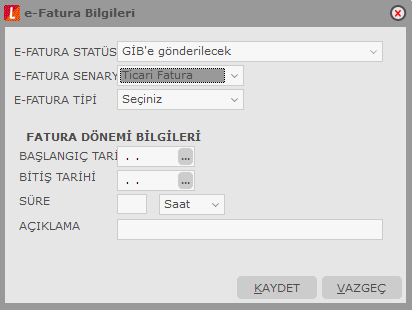 e-fatura Bilgileri e-fatura bilgileri, fatura üzerinde F9-sağ fare tuşu menüsündeki e-fatura Bilgileri seçeneği ile girilir.