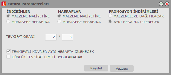 Fatura Parametreleri Fatura kaydedilirken, fatura geneline uygulanan bazı parametre öndeğerleri fatura üzerinde değiştirilebilir.