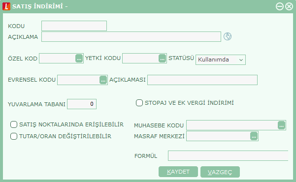 SatıĢ Ġndirim Bilgileri Satış indirimleri, her indirim için ayrı ayrı kaydedilir. Satış indirim tanımı penceresinde aşağıdaki bilgi alanları yer alır: SatıĢ Ġndirim Kodu: Satış indirimi kayıt kodudur.