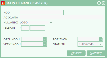 SatıĢ Elemanı Bilgileri Firmadaki satış elemanlarına ait bilgiler ayrı ayrı açılan kartlarda tutulur. Satış elemanları, satış pozisyon tanımları ile ilişkilendirilerek gruplanır.