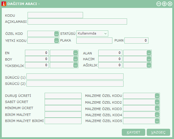 Dağıtım Aracı Bilgileri Yeni dağıtım aracı bilgileri Dağıtım Araçları listesinde Ekle seçeneği ile kaydedilir. Kayıt bilgileri şunlardır: Kod: Dağıtım aracının kodudur.
