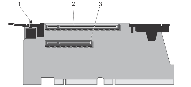 Rakam 35. Genişletme Kartı Yükselticisi 3'teki Konektörler 1. kasaya izinsiz girişi önleme anahtarı 2. genişletme kartı konektörü (yuva 6) 3. genişletme kartı konektörü (yuva 7) 4.