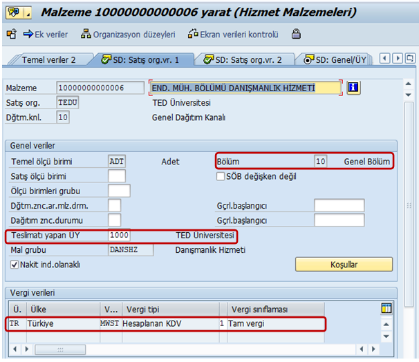 Üretim Yeri : Her zaman 1000 girilecektir. Satış Organizasyonu : Her zaman 10 girilecektir. Dağıtım Kanalı : Dağıtım kanalının f4 - Yardım ekranı açılırsa iki tane olduğu görülecektir.