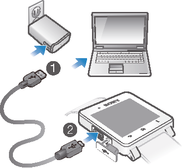 SmartWatch 2 ürününüzü şarj etmek için 1 USB kablosunun bir ucunu şarj ünitesine (veya bilgisayarın USB portuna) takın. 2 Kablonun diğer ucunu SmartWatch 2 cihazınızdaki Micro USB portuna takın.