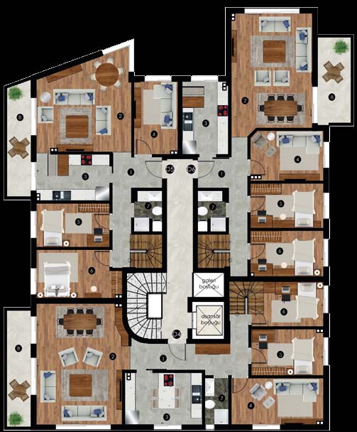 A BLOK 1.KAT PLANI ÇATI KATI PLANI DAİRE 4 (Dubleks) 1 Antre...11,44 m² 2 Salon...37 m² 3 Mutfak...13,97 m² 4 Oturma Odası...16,24 m² 5 Oda...14,36 m² 6 Oda...11,60 m² 7 Banyo...4,13 m² 8 Balkon.