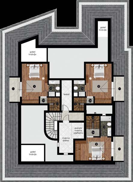 ..9,50 m² DAİRE 6 (Dubleks) 1 Antre...10,09 m² 2 Salon...34,38 m² 3 Mutfak...12,19 m² 4 Oturma Odası...12,87 m² 5 Oda...11,27 m² 6 Oda...13,72 m² 7 Banyo...4,23 m² 8 Balkon.