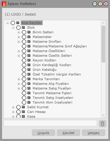 İşlem yetkileri üzerinde sağ fare düğmesi menüsünde yer alan Yetki detayları tıklandığında İşlem