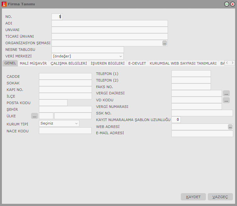 Firmanın Genel Bilgileri Firmanın adres bilgileri; cadde, sokak, kapı numarası, ilçe, şehir, ülke ve posta kodu ilgili alanlara girilir.